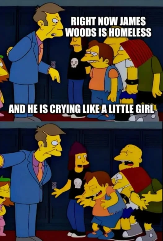 The image is a two-panel meme using The Simpsons characters. In the top panel, a man in a blue suit points at a group of…