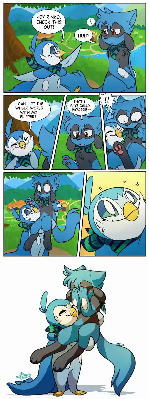 A comic strip featuring two blue anthropomorphic characters, one smaller bird-like and one larger fox-like, in a forest…