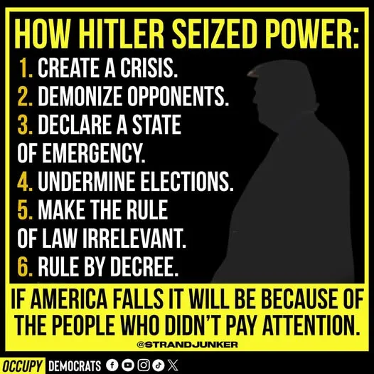 A black-and-yellow graphic lists six steps 'HOW HITLER SEIZED POWER:' with a silhouette of Donald Trump on the right. The…