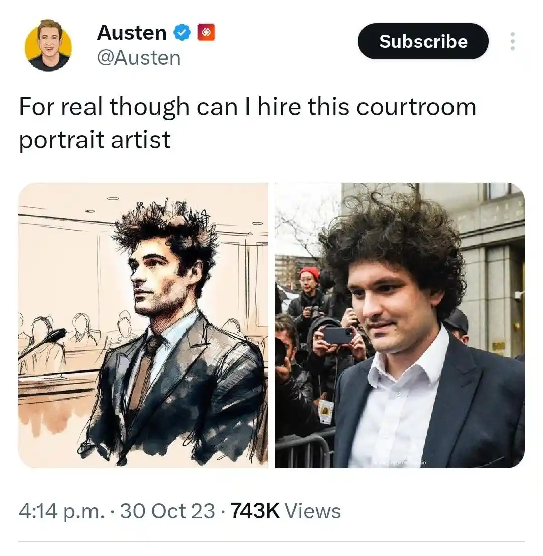 The image displays a side-by-side comparison: on the left, a courtroom sketch of a man with spiky hair in a suit, and on the…
