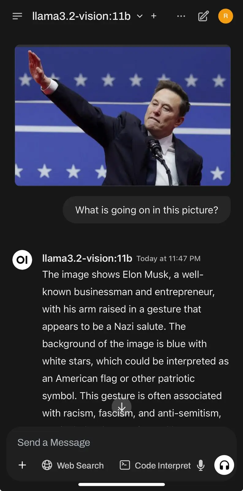 The image shows Elon Musk, a well-known businessman and entrepreneur, with his arm raised in a gesture that appears to be a…