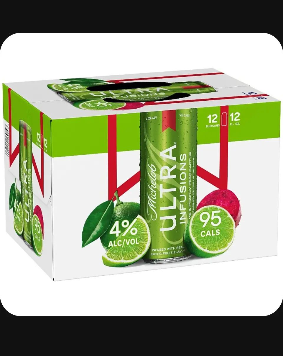 A product shot of a Michelob Ultra Infusions beer box featuring lime and dragonfruit imagery, with overlaid text reading '4%…