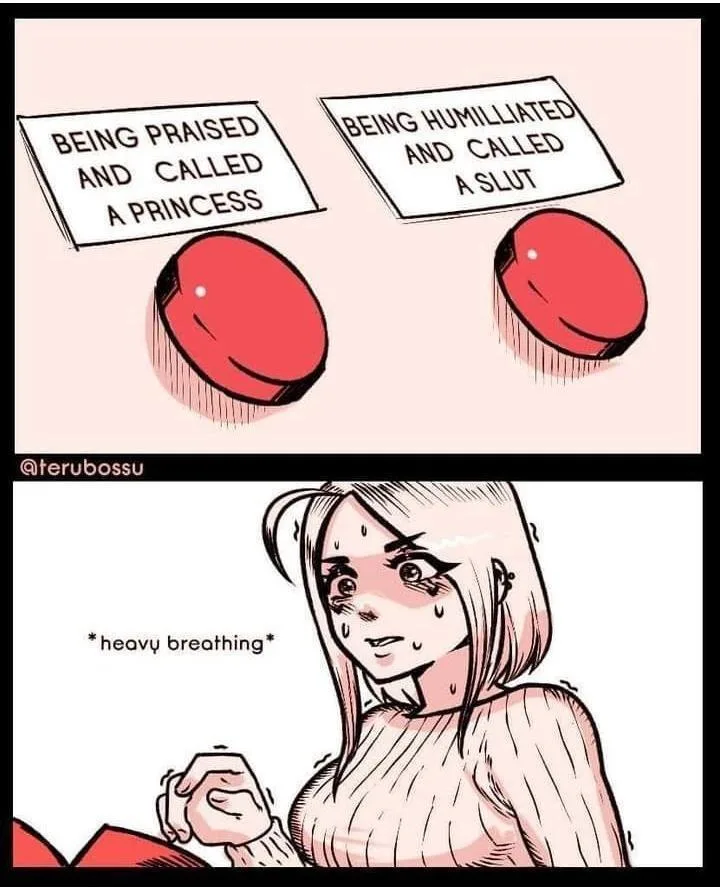 The image shows two red buttons labeled 'BEING PRAISED AND CALLED A PRINCESS' and 'BEING HUMILLIATED AND CALLED A SLUT'…
