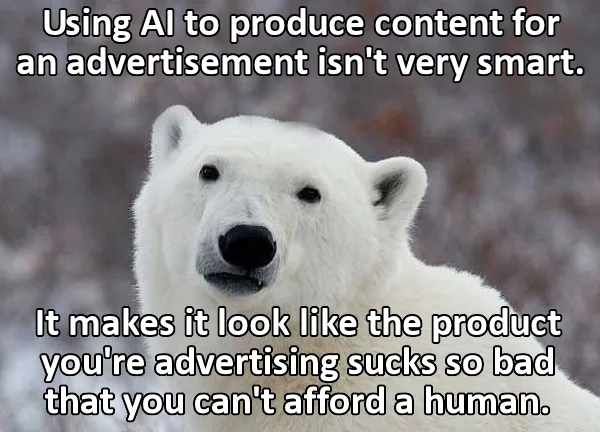 A close-up image of a polar bear looking directly at the camera with a neutral, slightly confused expression. The bear is…