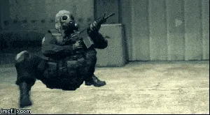 A six-panel sequence shows a soldier in a gas mask and tactical gear performing a series of exaggerated, cartoonish, and…