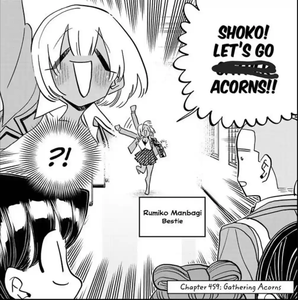 A manga panel shows a short-haired girl in a school uniform running excitedly while another girl with short white hair and a…