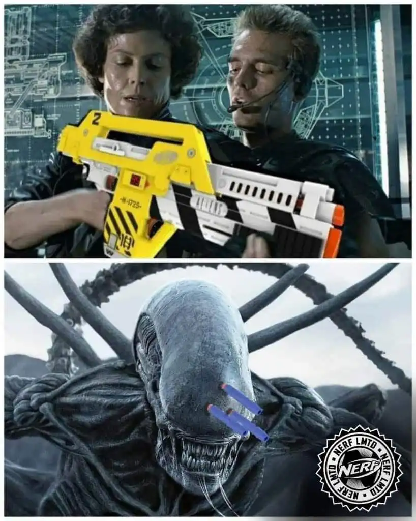 The top panel shows two characters from the movie 'Aliens' holding a large yellow and white Nerf blaster. The bottom panel…