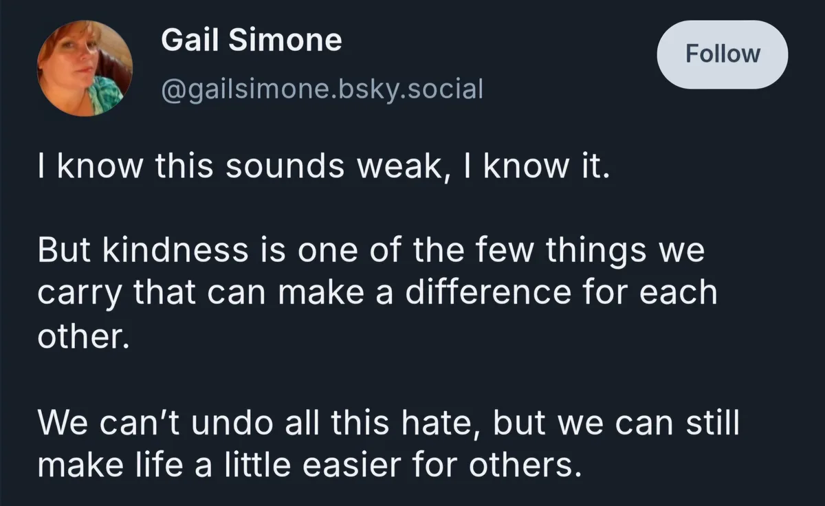A screenshot of a social media post by Gail Simone, showing her profile picture, handle, and a message about the power of…