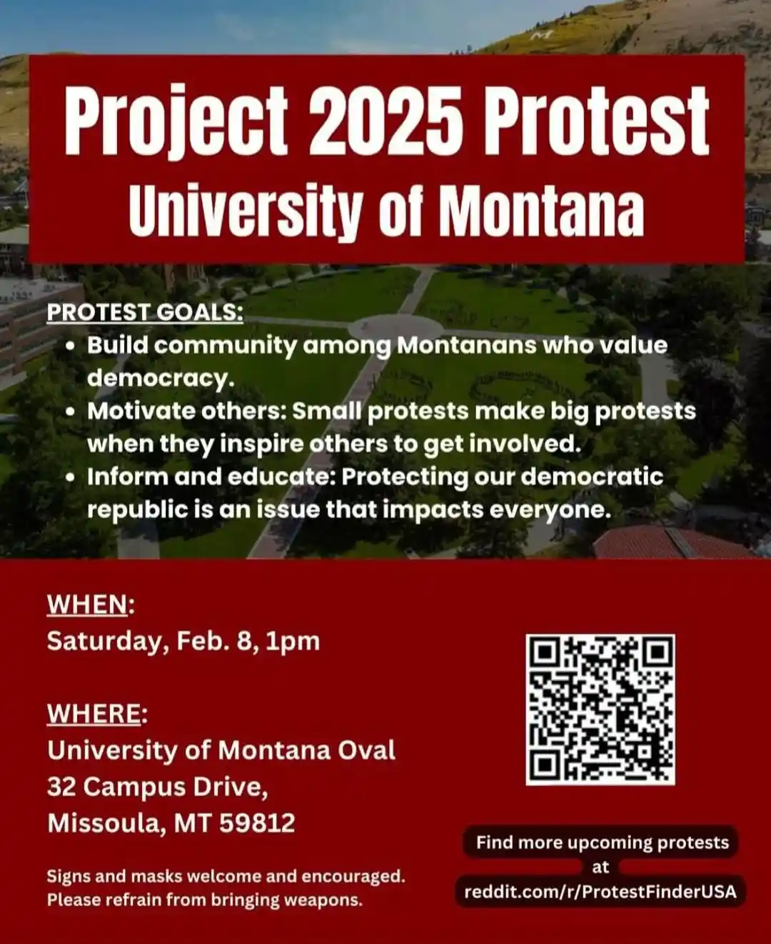 An image of a protest flyer for 'Project 2025 Protest' at the University of Montana, featuring a red banner with white text…