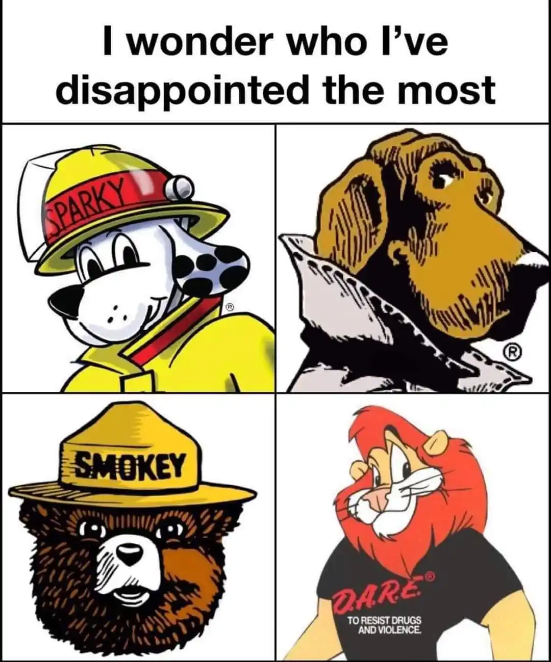 A four-panel meme featuring cartoon characters: Sparky the fire dog, a dachshund in a collar, Smokey the Bear, and a lion…