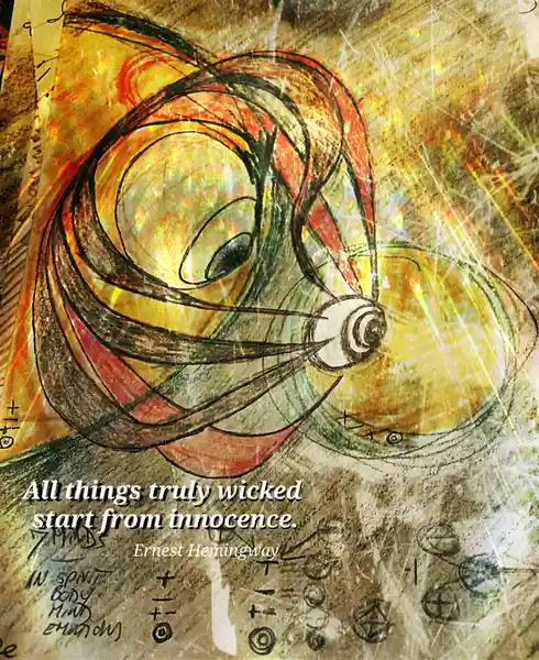 An abstract, swirling drawing with warm colors and scribbled symbols overlaid with the text 'All things truly wicked start…