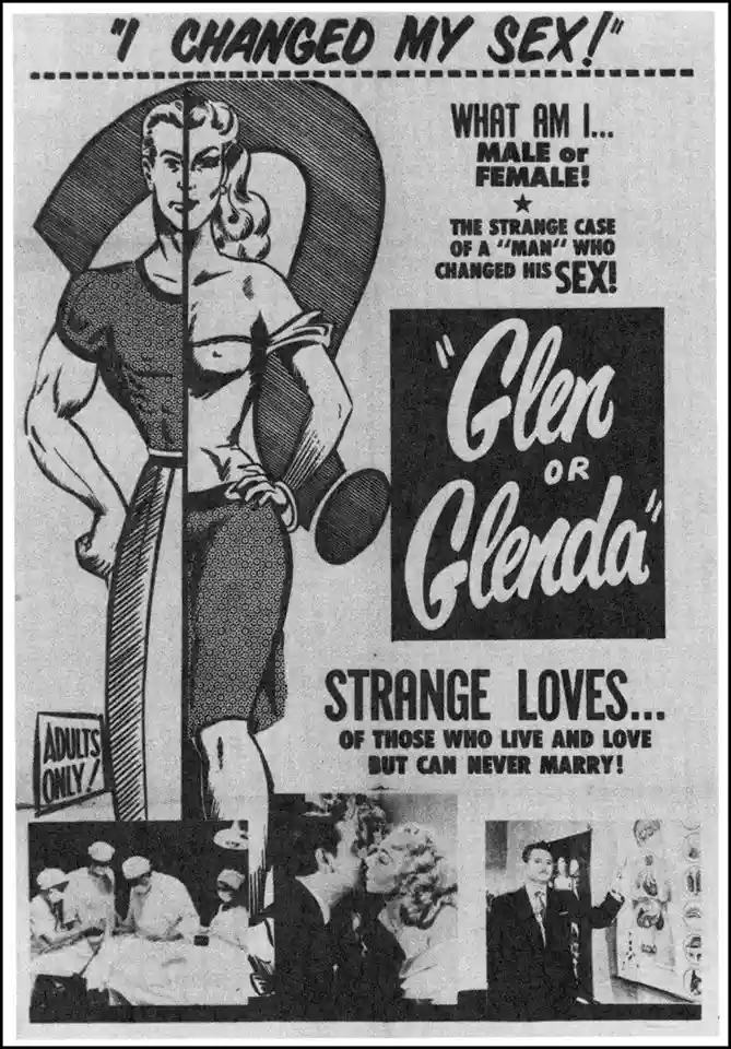 A vintage black-and-white movie poster for "Glen or Glenda" features a split-image of a muscular figure with male and female…