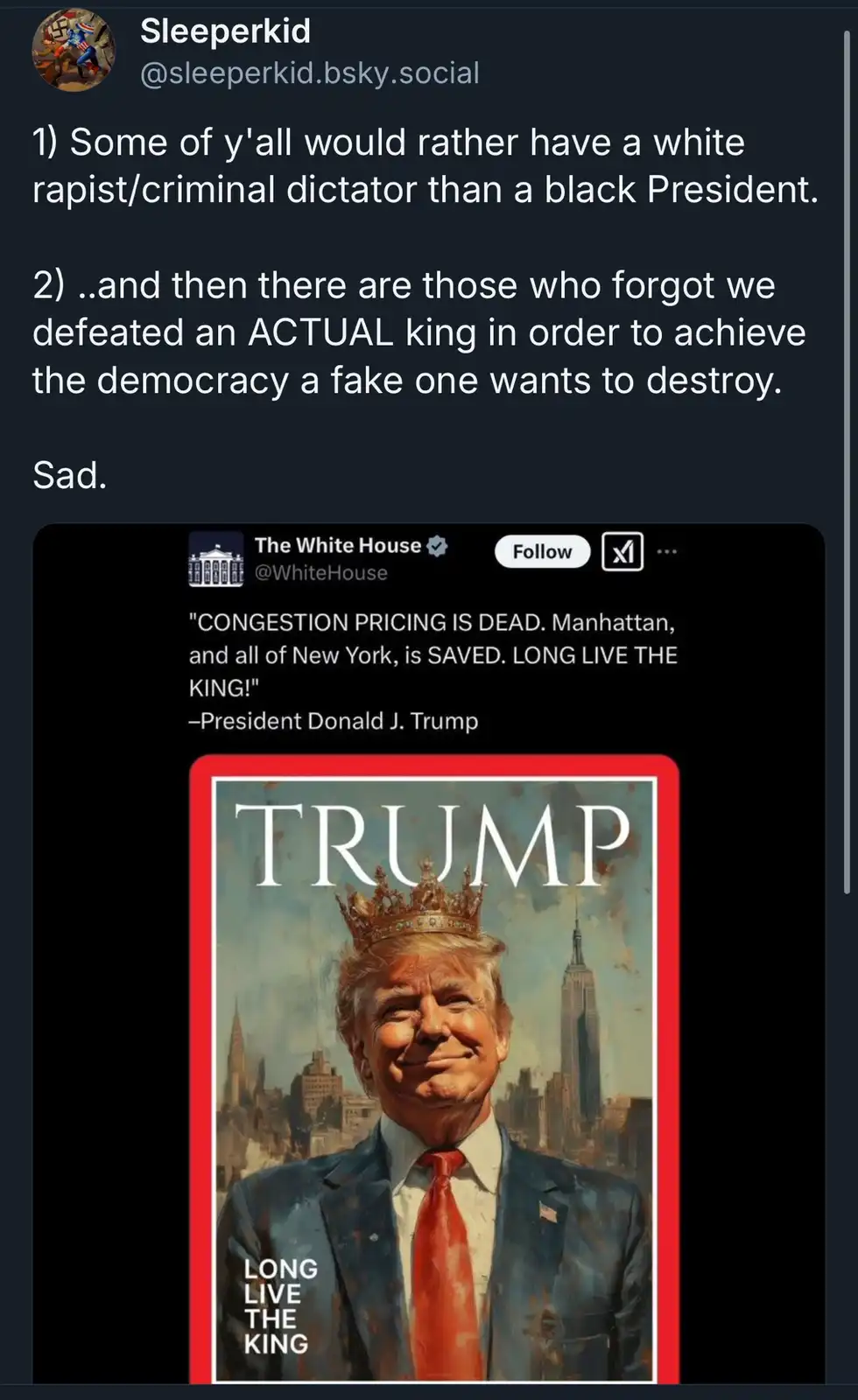 The image shows a digitally altered magazine cover featuring Donald Trump wearing a crown, with the word 'TRUMP' in large…