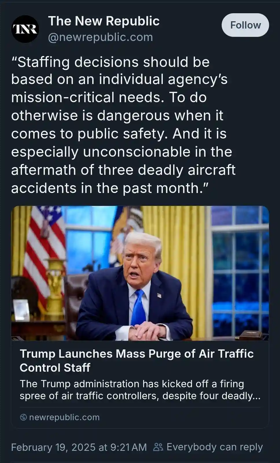 A screenshot of a tweet from The New Republic featuring a photo of Donald Trump seated at a desk in an office with American…