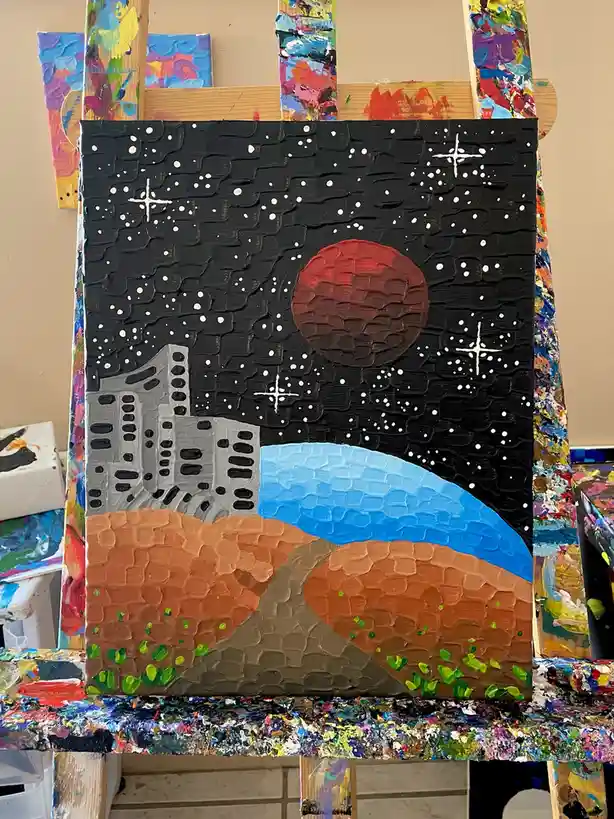 A textured, thickly painted canvas depicts a surreal landscape with a gray city skyline on the left, a blue body of water…