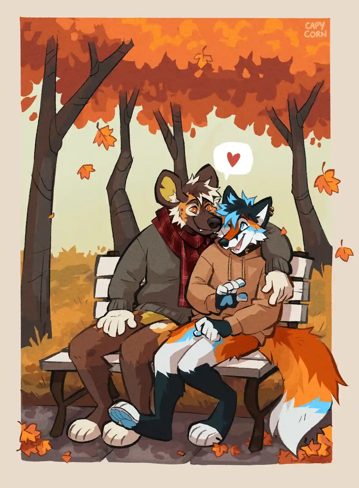 Two anthropomorphic animal characters, one resembling a hyena and the other a fox, are sitting closely together on a park…