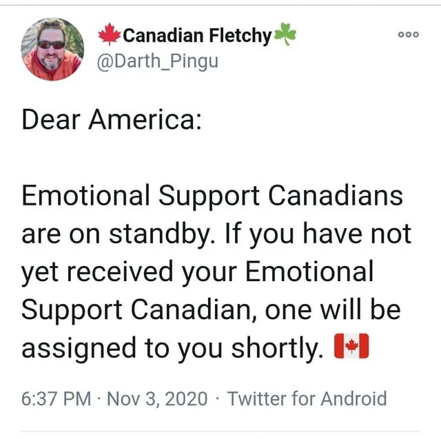 A screenshot of a tweet from user 'Canadian Fletchy' (@Darth_Pingu) dated November 3, 2020, which reads: 'Dear America…