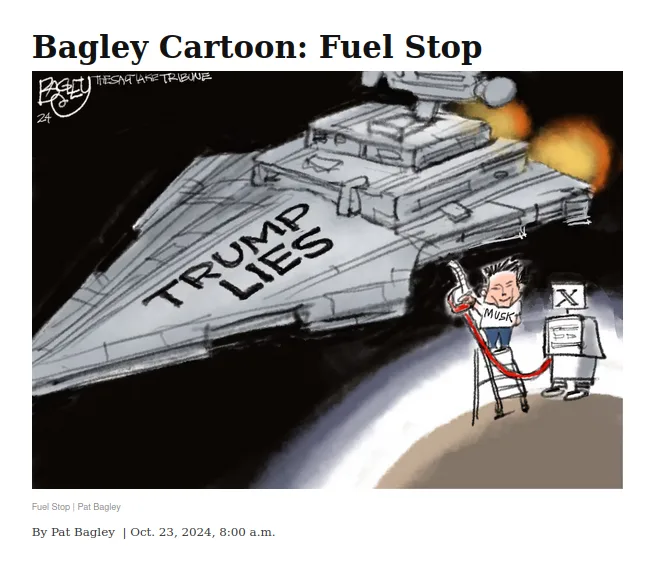 A cartoon shows a large spaceship labeled 'TRUMP LIES' at a gas station, where a caricature of Elon Musk, wearing a 'MUSK'…