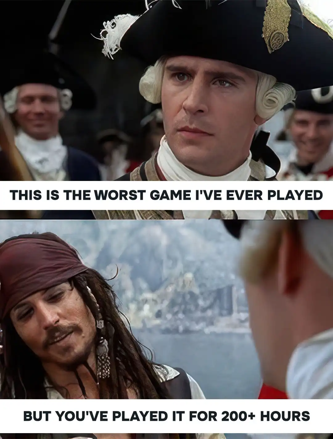 The meme features two panels from the 'Pirates of the Caribbean' movie. The top panel shows Captain James Norrington with a…
