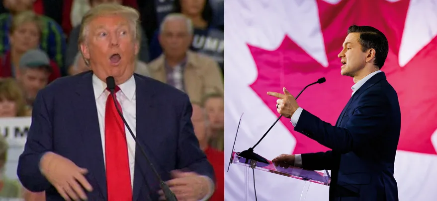 The image is a side-by-side split. On the left, Donald Trump is shown mid-speech with his mouth open wide, wearing a dark…