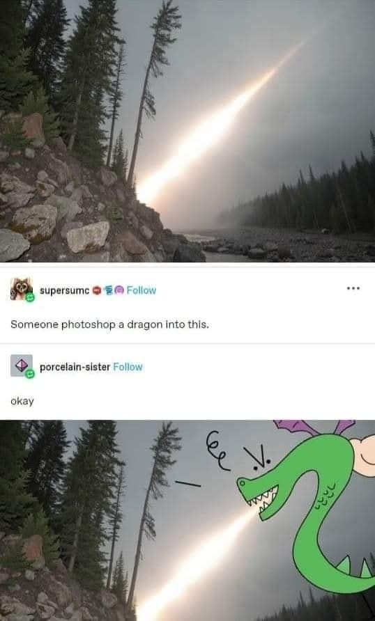 A photo of a bright light beam shooting across a forested, rocky landscape is edited to include a cartoonish green dragon…
