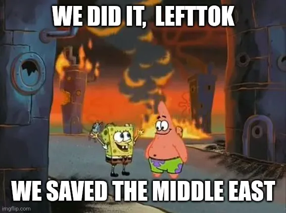 SpongeBob and Patrick Star stand triumphantly in front of burning buildings with smoke rising, celebrating as if they've…