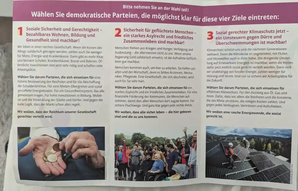 A German political pamphlet urging voters to choose democratic parties that clearly support four goals: social security and…