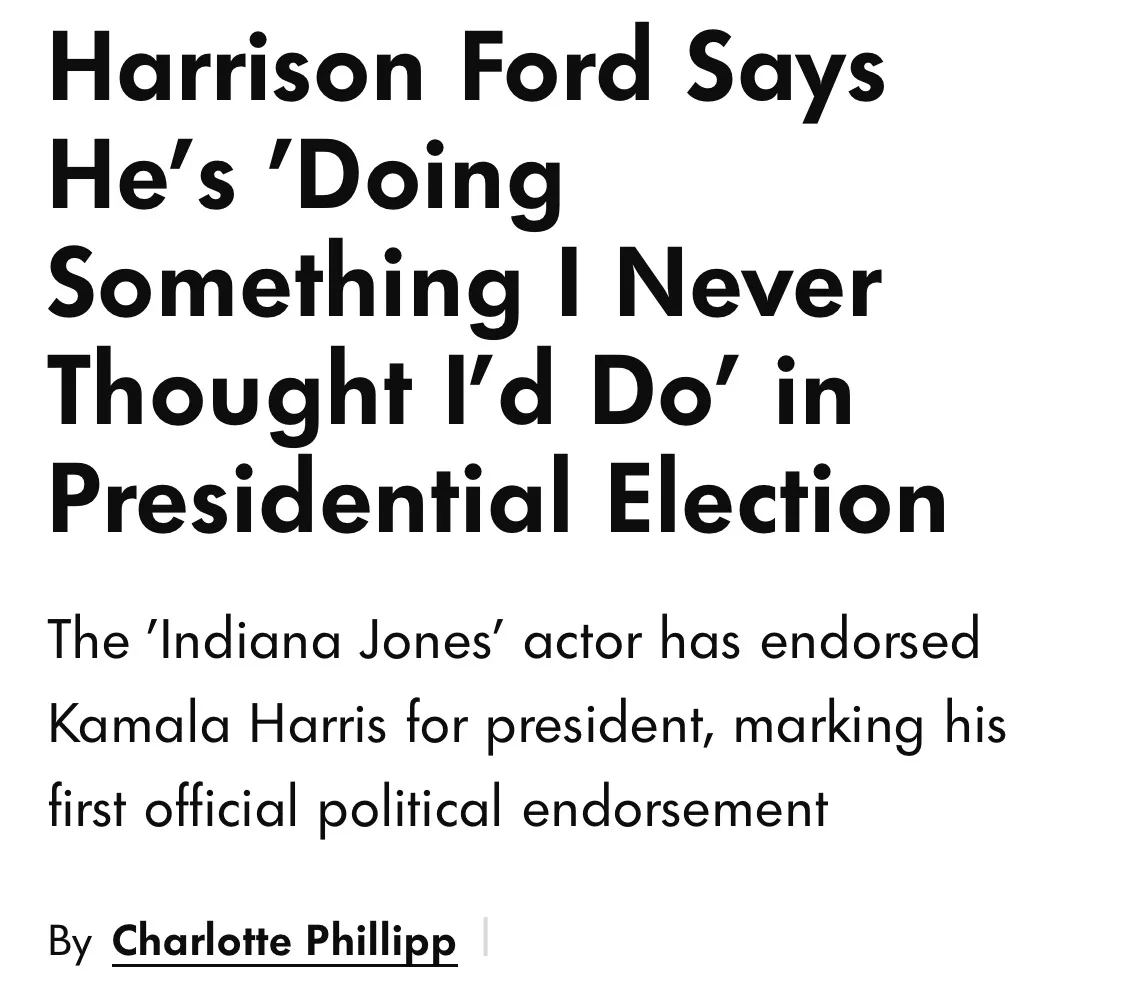 The image displays a news article headline stating Harrison Ford says he's 'Doing Something I Never Thought I'd Do' in…