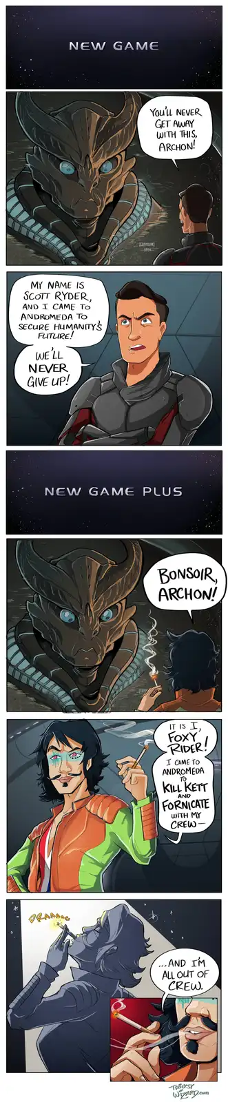 A comic strip parodying video game difficulty modes, showing Scott Ryder from Andromeda declaring his mission to save…