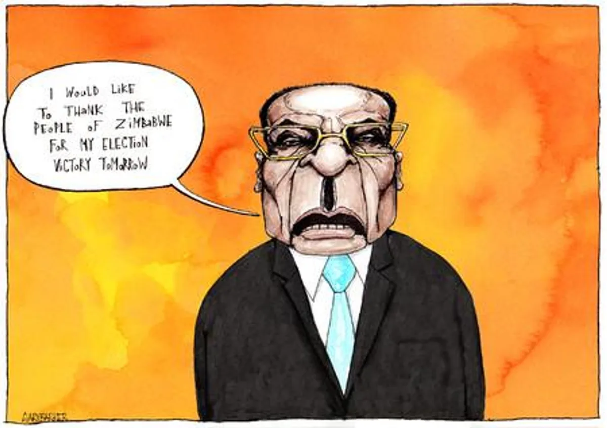 A cartoon depicts a man with exaggerated facial features, wearing glasses, a black suit, and a light blue tie, against an…