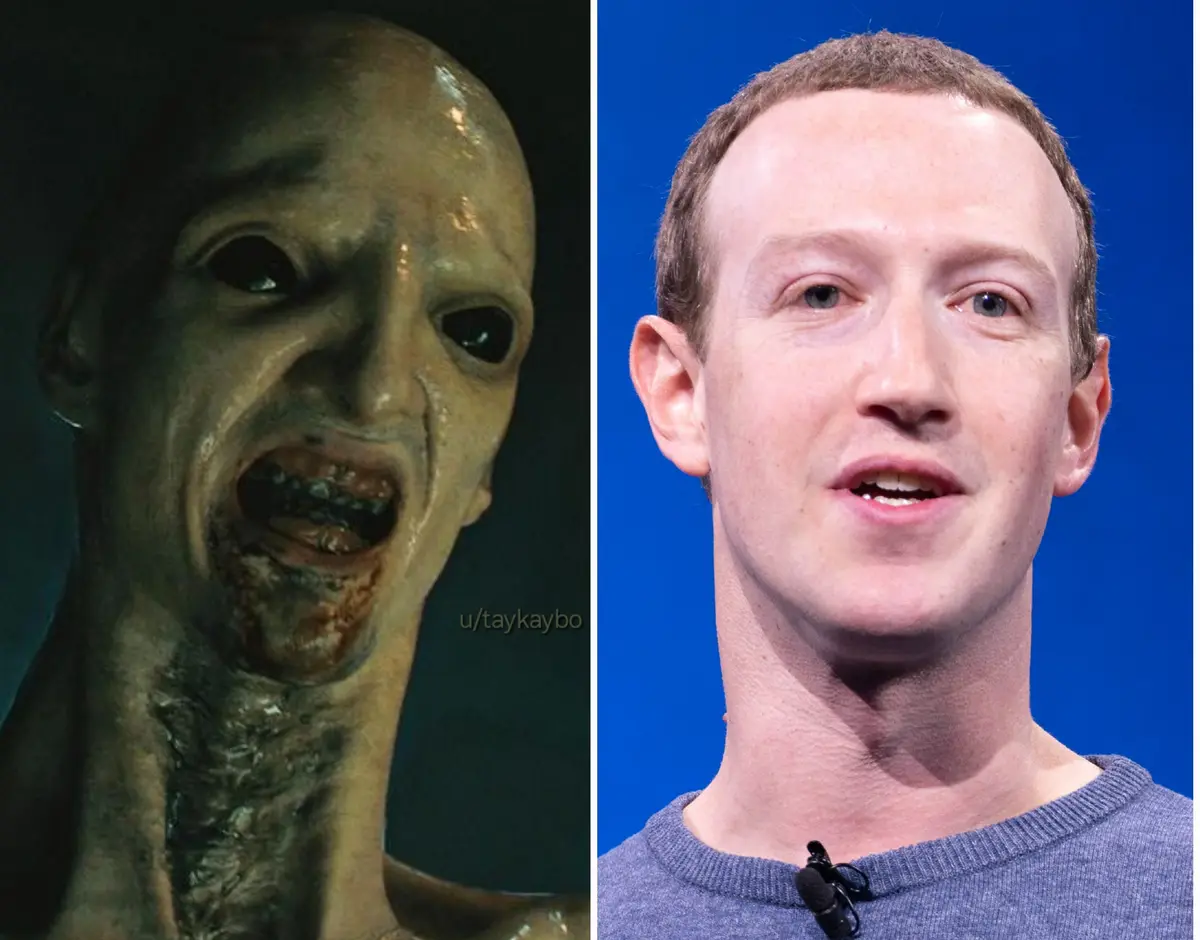The image is a split-screen meme showing a grotesque, screaming alien creature on the left and a calm, smiling Mark…