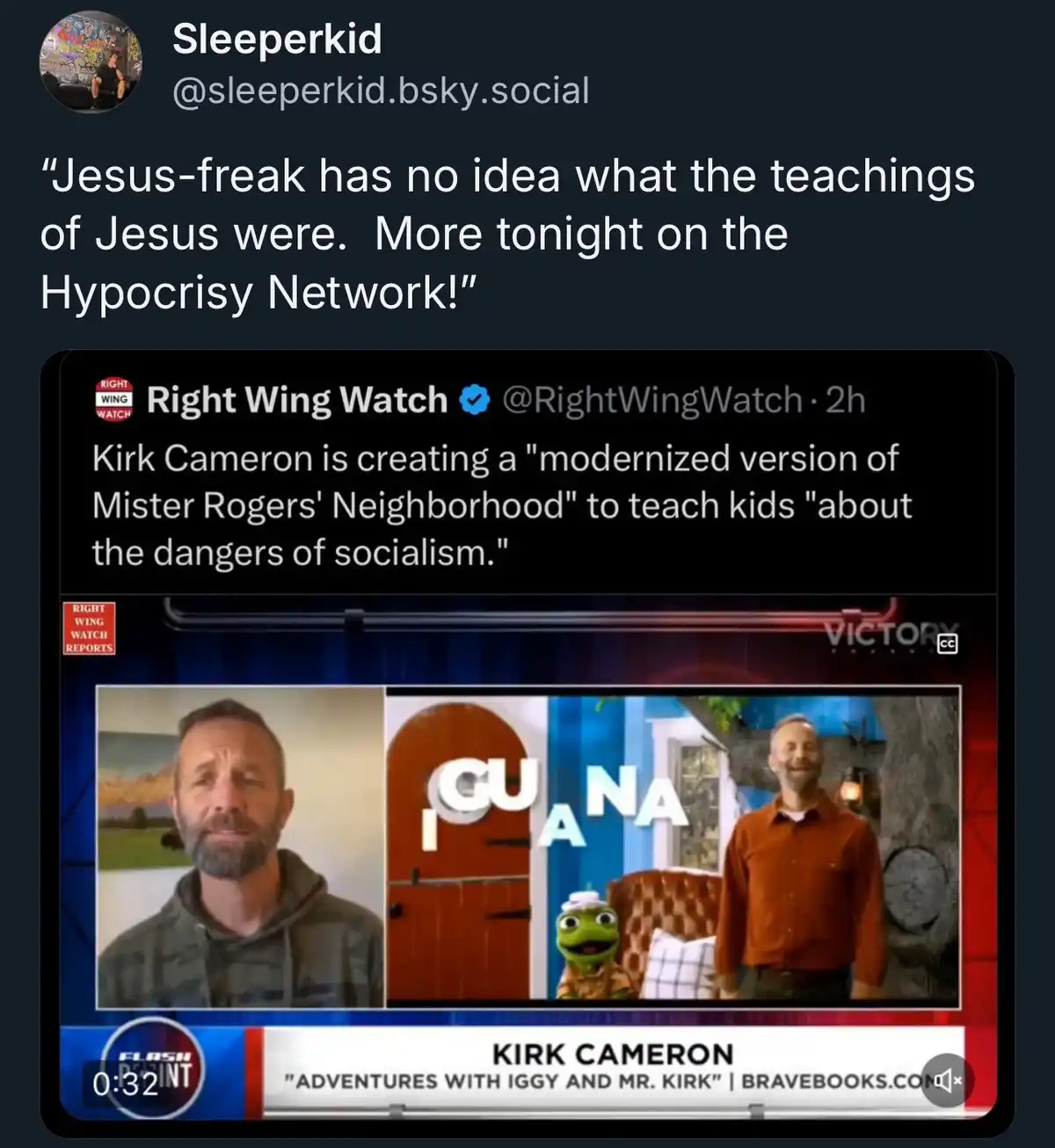A screenshot of a social media post by 'Sleeperkid' featuring a tweet from 'Right Wing Watch' about Kirk Cameron creating a…