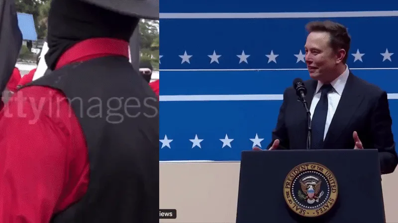 A composite image shows Elon Musk at a podium with the presidential seal, reacting to people in red shirts and black masks…