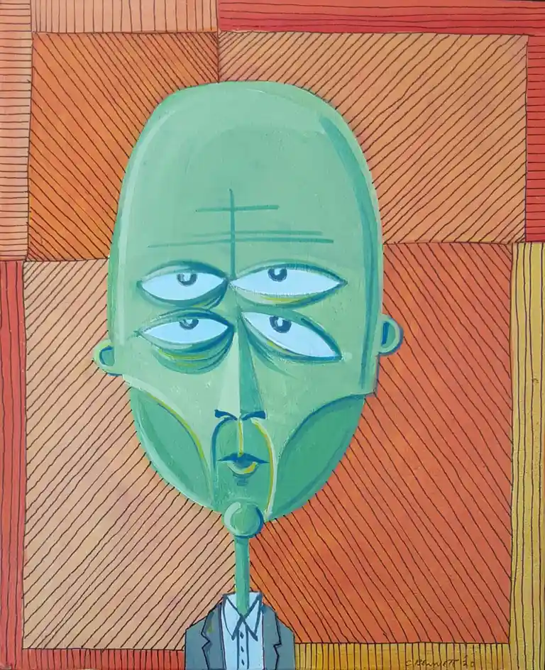 A stylized painting depicts a green-skinned, bald humanoid figure with four eyes arranged in a two-by-two grid, a long neck…