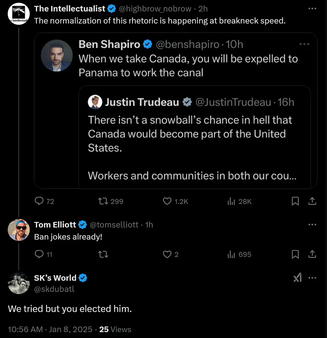 A screenshot of a Twitter thread shows Ben Shapiro's tweet about expelling Canadians to work in Panama, followed by Justin…