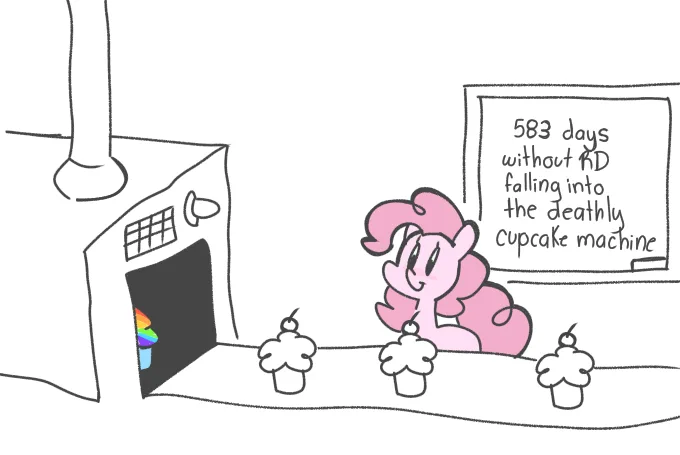 A pink pony with a curly mane stands beside a counter with three cupcakes, smiling confidently. Behind her, a chalkboard…