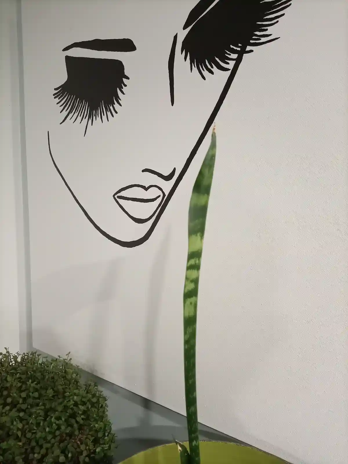 A minimalist black-and-white line drawing of a woman's face with prominent eyelashes and lips is on a white canvas. A tall…