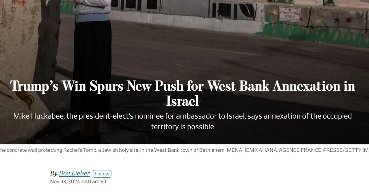 A news article screenshot shows a person standing near a concrete wall in Bethlehem, with the headline 'Trump's Win Spurs…