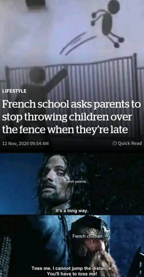 The meme is a three-panel image. The top panel shows a news headline about French schools asking parents to stop throwing…