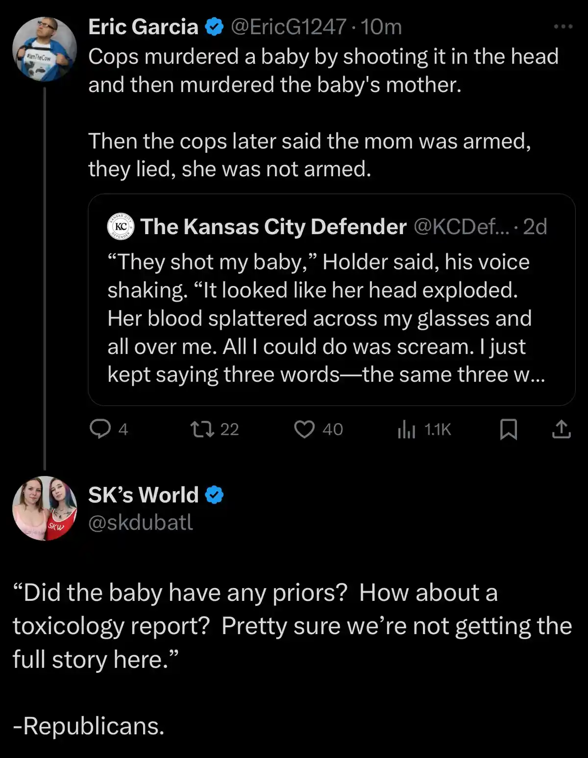A screenshot of a Twitter thread showing a user reporting a tragic police shooting of a baby and mother, followed by a quote…