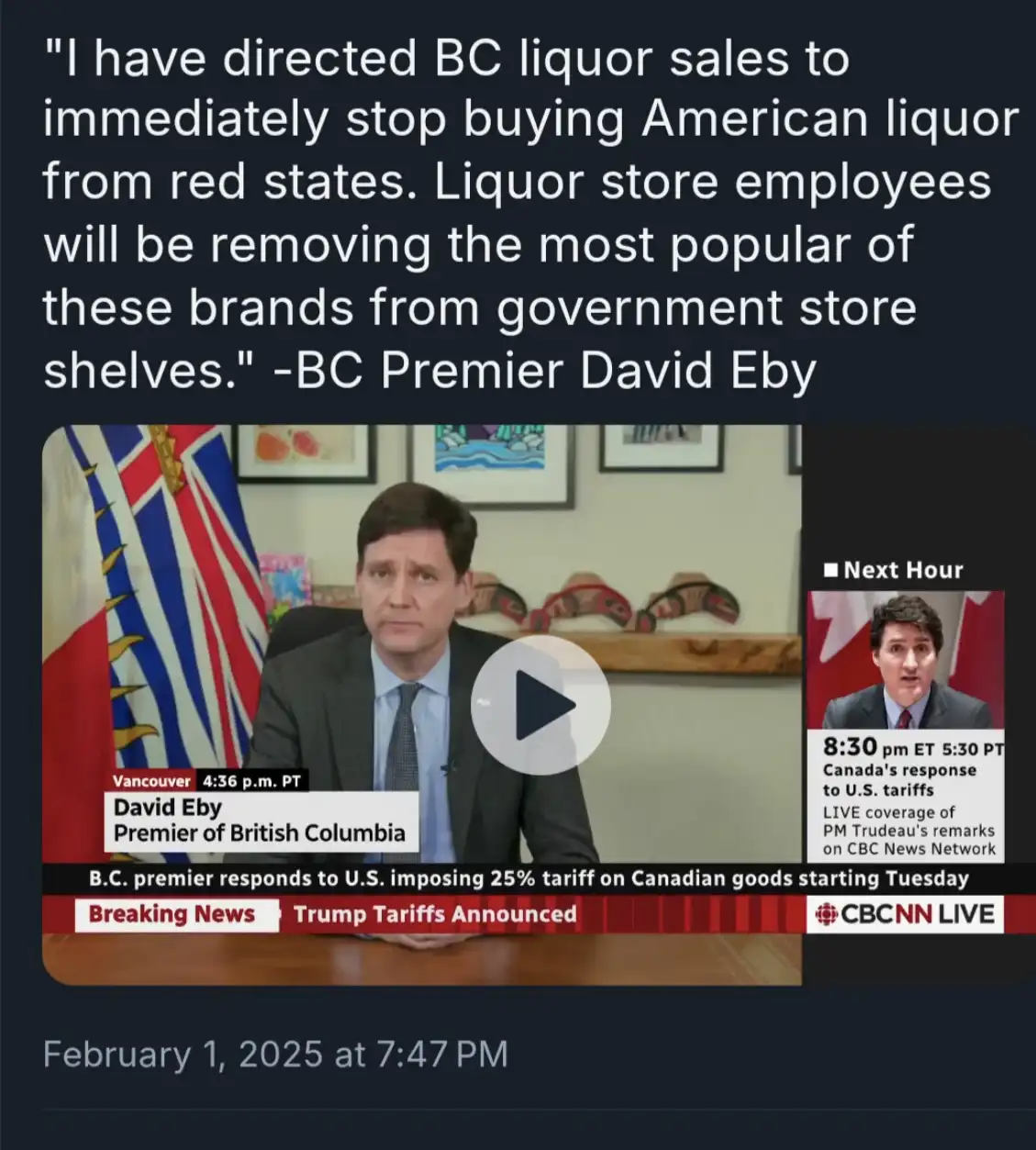 A screenshot of a CBC News broadcast featuring British Columbia Premier David Eby speaking during a breaking news segment…