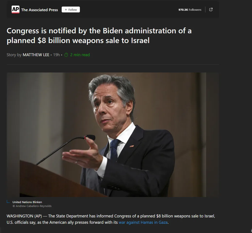 A screenshot of an Associated Press news article shows a photo of Antony Blinken speaking at a podium. The headline reads…