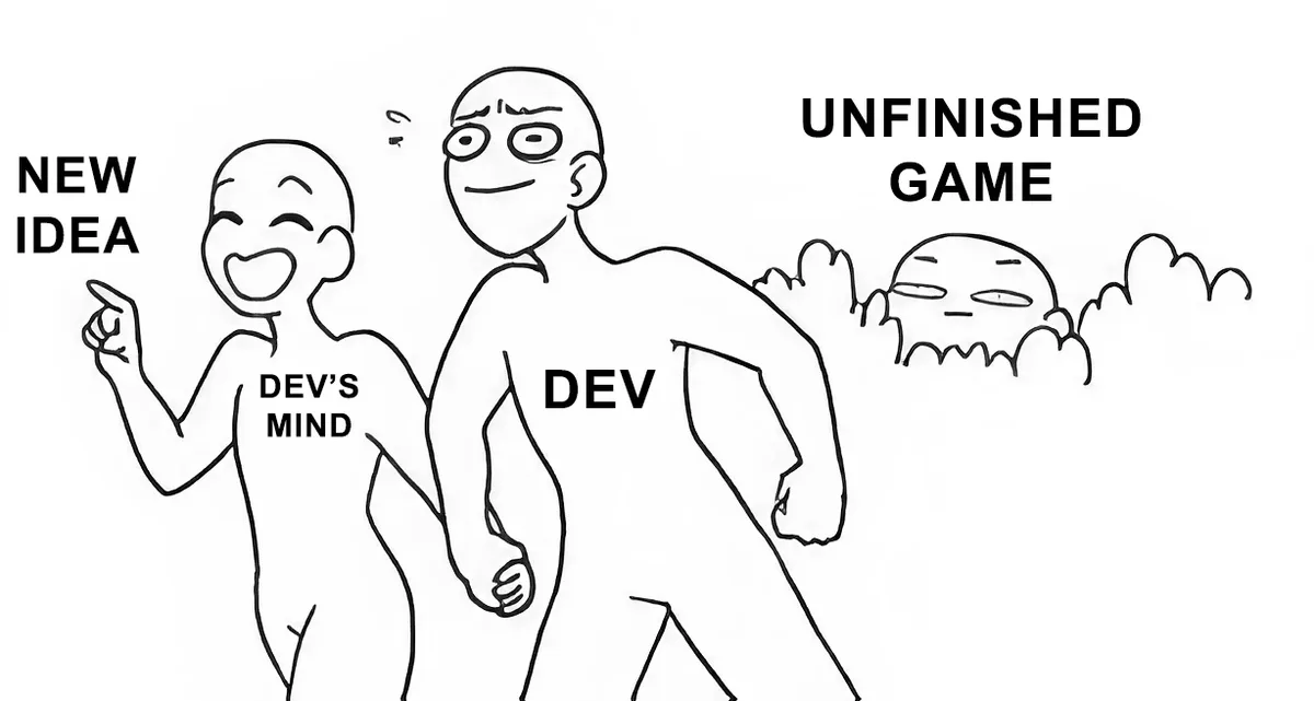A black-and-white cartoon depicts a cheerful 'DEV'S MIND' character excitedly pointing to a 'NEW IDEA' while holding hands…