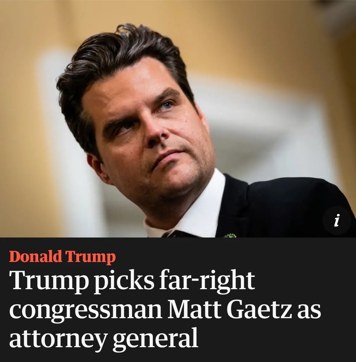 A close-up photo of Matt Gaetz, a man with dark hair and a serious expression, wearing a dark suit and white shirt. Overlaid…