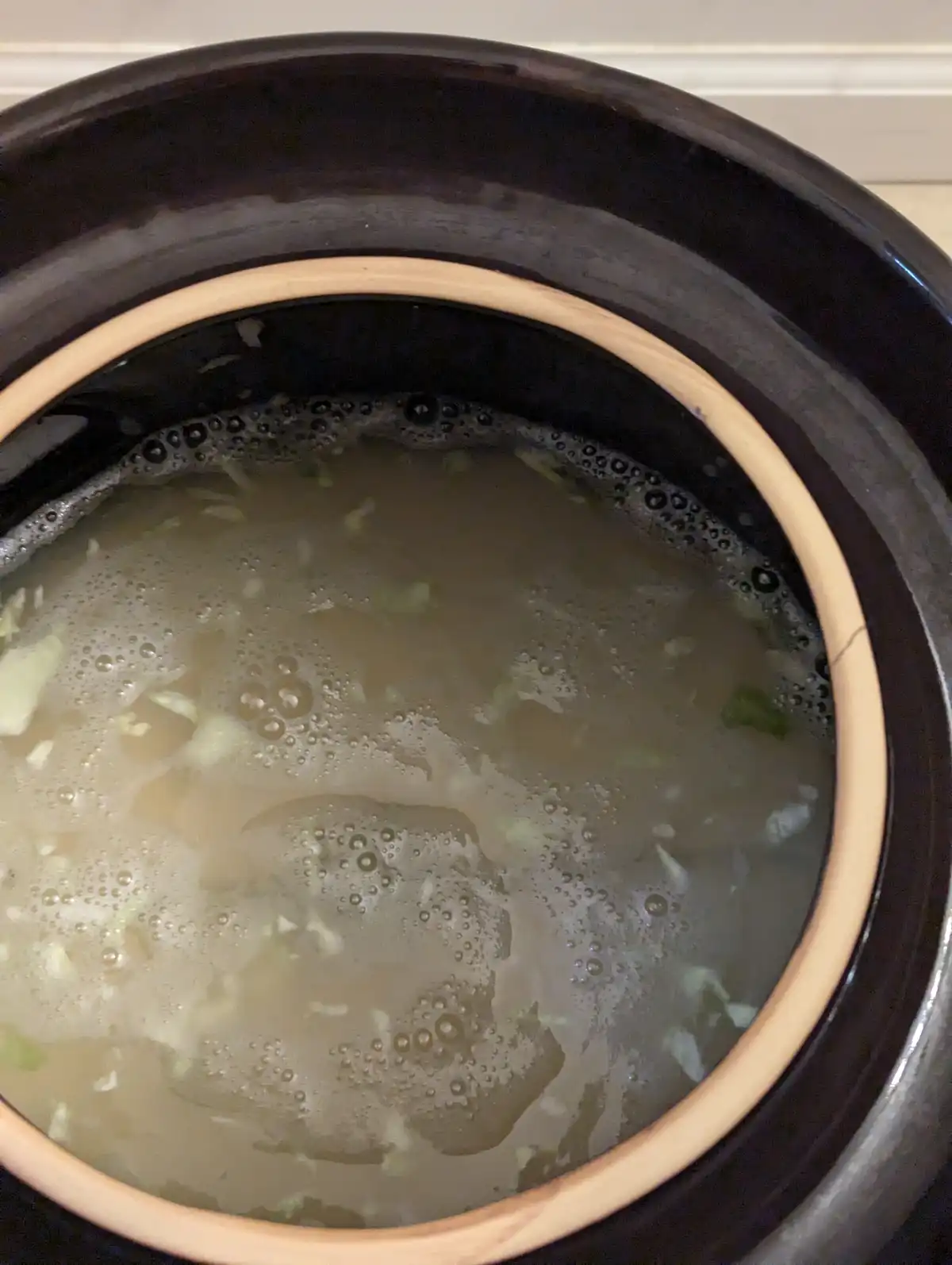 A close-up photo shows a dark ceramic pot with a light-colored rim, filled with a cloudy, bubbling liquid containing small…