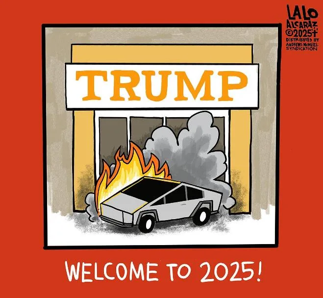 A cartoon depicts a silver DeLorean car on fire in front of a building with a sign that reads 'TRUMP'. Smoke billows from…