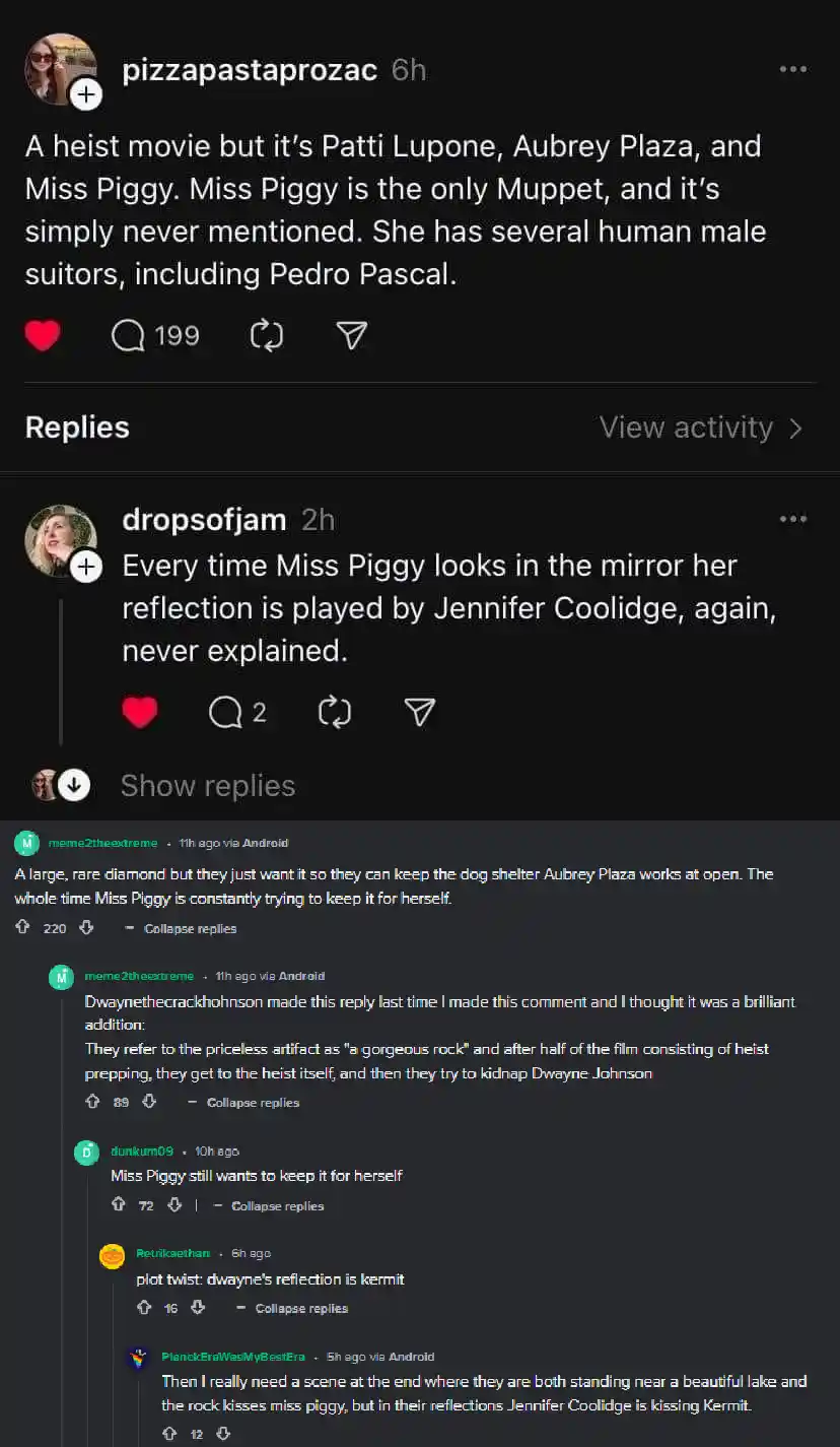 A screenshot of a Reddit thread where users humorously speculate about a fictional heist movie featuring Patti Lupone…
