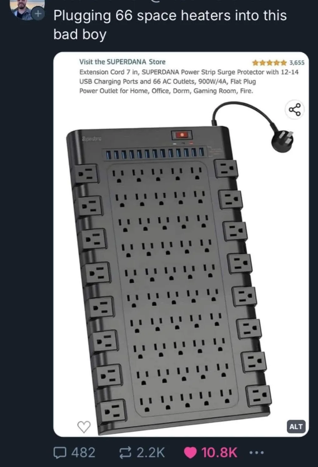 An image of a black SUPERDANA power strip with 66 AC outlets and 12-14 USB ports, shown in a product listing. The overlaid…