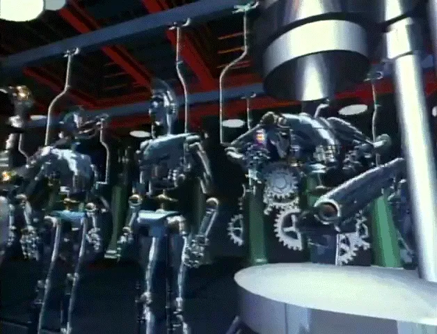A six-panel image sequence from a sci-fi movie showing robots in a factory setting, with one robot repeatedly reaching for a…