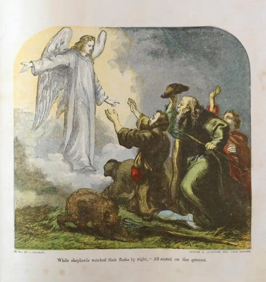 An antique-style illustration depicts a large, winged angel descending from clouds toward a group of shepherds on the…